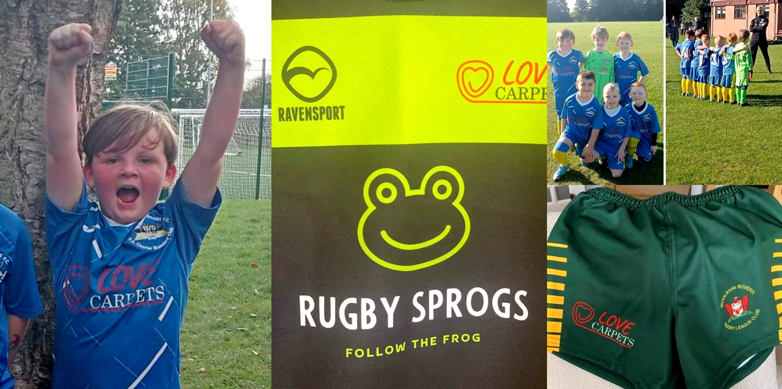 Local sports teams and kits sponsored by Love Carpets, including Rugby Sprogs